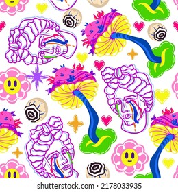Acid abstract characters and objects. Psychedelic Decorative Templates. Pattern. Light background. Vector illustration surreal psychedelic mushrooms, Greek head.