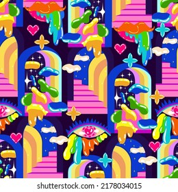 Acid abstract characters and objects. Psychedelic Decorative Templates. Pattern. Dark background. Vector illustration surreal portals.