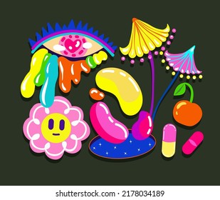 Acid abstract characters and objects. Psychedelic Decorative Templates. Vector illustration surreal acid smile, psychedelic mushrooms, portals. Posters and prints for tee