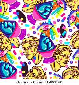 Acid abstract characters and objects. Psychedelic Decorative Templates. Vector illustration surreal acid lava lamp, psychedelic portals, Greek head. Pattern. Light background