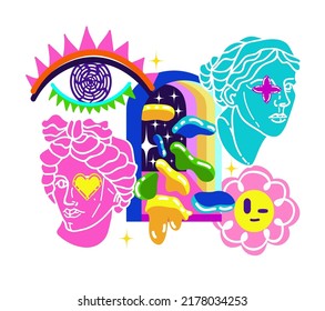 Acid abstract characters and objects. Psychedelic Decorative Templates. Vector illustration surreal acid Greek head, psychedelic portals. Posters and prints for tee