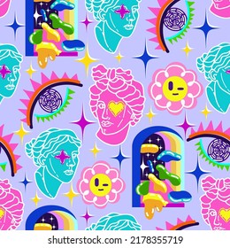 Acid abstract characters and objects. Psychedelic Decorative Templates. Vector illustration surreal acid Greek head, psychedelic portals. Pattern. Light background