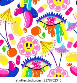 Acid abstract characters and objects. Psychedelic Decorative Templates. Vector illustration surreal acid smile, psychedelic mushrooms, portals. Pattern. Light  background