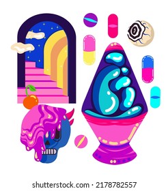 Acid abstract characters and objects. Psychedelic Decorative Templates. Posters and prints for tee, streetwear. Vector illustration surreal portals, lava lamp.