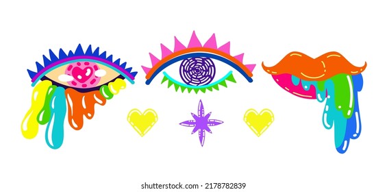 Acid abstract characters and objects. Psychedelic Decorative Templates. Vector illustration surreal acid eyes, lips. Posters and prints for tee