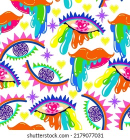 Acid abstract characters and objects. Psychedelic Decorative Templates. Vector illustration surreal acid eyes, lips. Pattern. Light  background