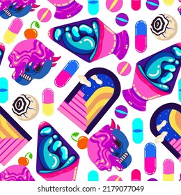Acid abstract characters and objects. Psychedelic Decorative Templates. Pattern. Light background. Vector illustration surreal portals, lava lamp.