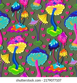 Acid abstract characters and objects. Psychedelic Decorative Templates. Pattern. Dark background. Vector illustration surreal psychedelic mushrooms