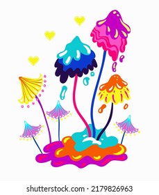 Acid abstract characters and objects. Psychedelic Decorative Templates. Vector illustration set surreal psychedelic mushrooms. Posters and prints for tee, streetwear