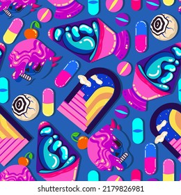 Acid abstract characters and objects. Psychedelic Decorative Templates. Pattern. Dark background. Vector illustration surreal portals, lava lamp.