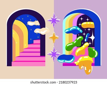 Acid abstract characters   objects  Psychedelic Decorative Templates Vector illustration surreal portals  Posters   prints for tee  streetwear