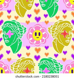 Acid abstract characters and objects. Psychedelic Decorative Templates. Pattern. Light background. Vector illustration surreal acid smile, Greek head