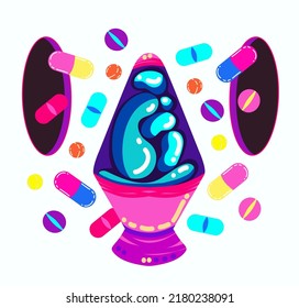 Acid abstract characters and objects. Psychedelic Decorative Templates. Posters and prints for tee. Vector illustration surreal acid  lava lamp, psychedelic portals