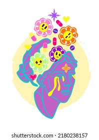 Acid abstract characters and objects. Psychedelic Decorative Templates. Posters and prints for tee. Vector illustration surreal acid smile, psychedelic Greek head