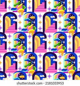 Acid abstract characters and objects. Psychedelic Decorative Templates Vector illustration surreal portals. Pattern. Light  background