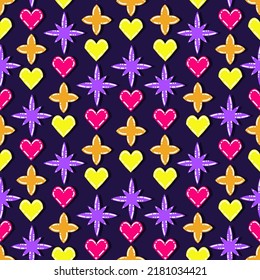 Acid abstract characters and objects. Psychedelic Decorative Templates. Vector illustration set surreal psychedelic stars, hearts. Pattern. Dark background