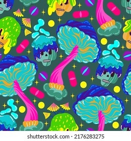Acid abstract characters and objects. Vector illustration surreal psychedelic mushrooms and skulls acid backgrounds. Pattern. Dark  background, wallpaper