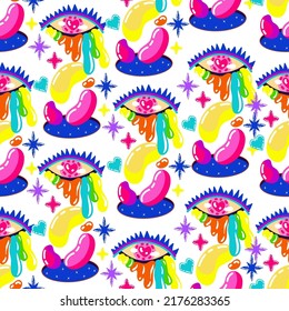 Acid abstract characters and objects. Vector illustration surreal psychedelic acid backgrounds. Pattern. Light background, wallpaper