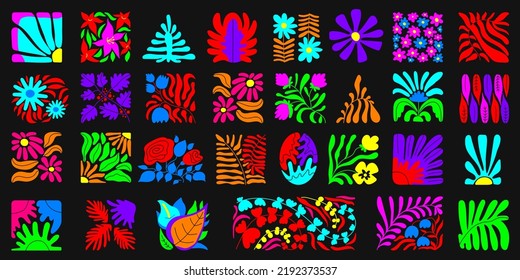 Elementos contemporáneos ácidos abstractos. Formas de geometría botánica de arte floral de estilo matisse contemporáneo. Flores de doodle brillantes de moda de neón conjunto decente vector