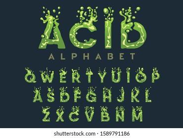Acid alphabet - liquid letters set, creative splash font with drops and bubbles, aqua concept, flowing letter for title, vector illustration