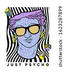 Acid ancient sculpture illustration in trendy psychedelic cosmic style.
