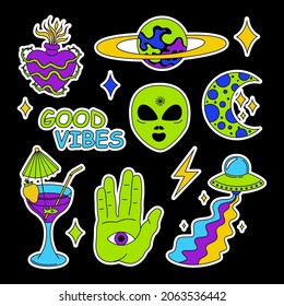 Acid ancient sculpture illustrations in trendy psychedelic cosmic style. Cute comic doodle stickers, trendy retro elements vector illustration set. Hallucination weird shapes