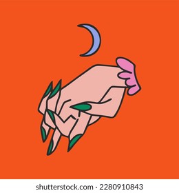 Acid bright hands in psychedelic style, holding hands. Design and print for t-shirts, bags, posters, invitations, cards, etc. Vector hand drawn illustration.