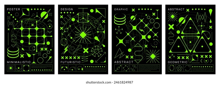 Acid brutal y2k posters with vector geometric shapes and abstract graphic elements. Neon green line pattern with star, planet and sun trendy futuristic figures, wireframe grid shapes and forms