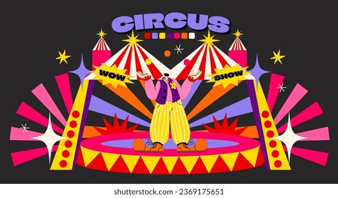 Acid cartoon circus poster in 90s psychedelic style. Bright elements of the stage, circus arena, vintage tent. Circus show banner, invitation cards in groovy style