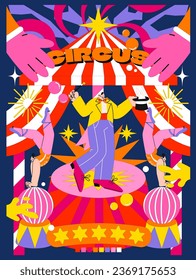 Acid cartoon circus poster in 90s psychedelic style. Bright elements of the stage, circus arena, vintage tent. Circus show banner, invitation cards in groovy style