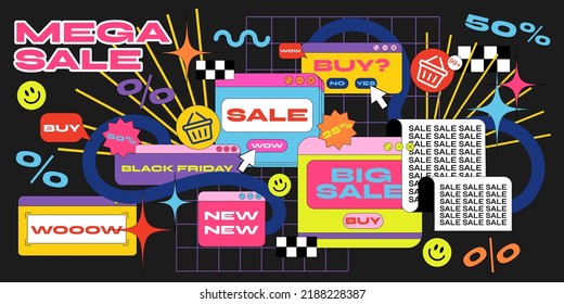 acid cartoon retro discount frames. in memphis style, abstract geometric linear backgrounds in vibrant colors, promo shopping labels. Favorable discounts 25% 50%, black friday