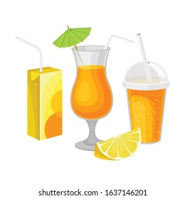 Acid Citrus Drinks in Glass and Carton Isolated on White Background Vector Composition