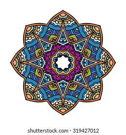 Acid color aztec mandala, hand drawn vector illustration, white background