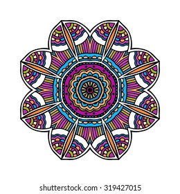Acid color aztec mandala, hand drawn vector illustration, white background