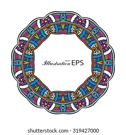 Acid color aztec round mandala template, hand drawn vector illustration, white background