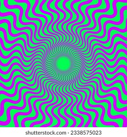 Acid color optical illusion background. Purple and green abstract distorted wavy lines surface. Radial waves poster design. Torsion spiral illusion wallpaper. Vector ornamental illustration