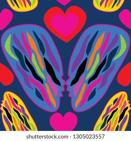 Acid colorful crazy valentine seamless background with zebra stripes in heads with hearts on blue color. Music festival party. Pattern.