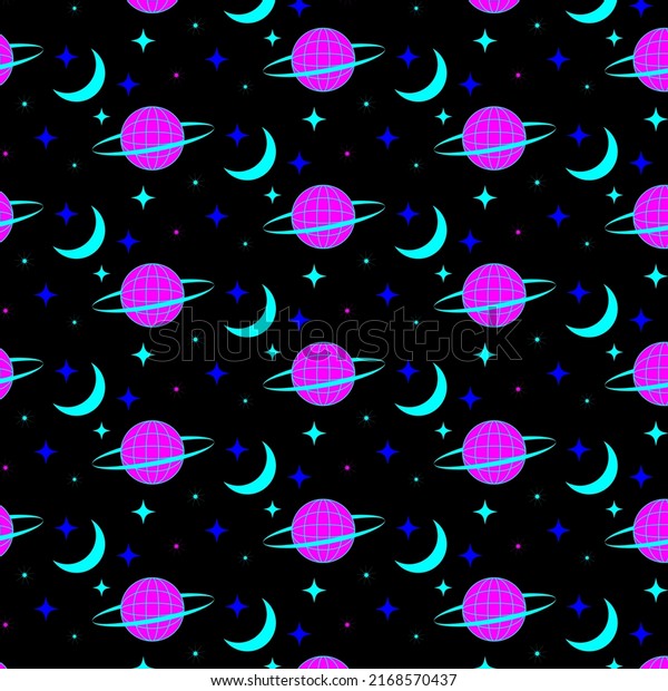 Acid cosmos psychedelic\
groovy pattern on black background. Retro print for graphic tee in\
y2k style.