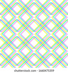 Acid crazy cell rhombus trance seamless pattern. Colorful neon stereo texture. Bright saturated on white. Chain mail effect. Repeat background. Vector simple cover. 