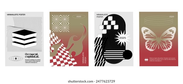 Acid digital graphic design in monochrome style, minimalist posters. Gothic elements for design. 2YK style.	
