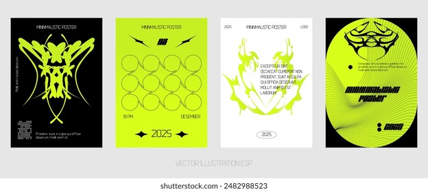 Acid digital graphic design in monochrome style, minimalist posters. Gothic elements for design. 2YK style.	