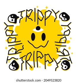 Acid distorted melt smile face. Trippy quote text. Vector trendy illustration. Deform,distortion,techno,trippy smile face trendy print for cover,t-shirt,poster,sticker wallpaper concept
