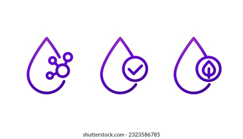 Acid drop line icons with molecule, check mark, leaf