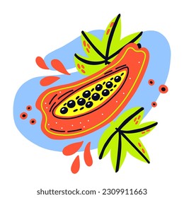 Acid fruit papaya slice with decorative dots. Hand drawn vector