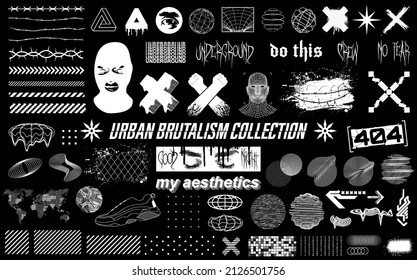 Acid graphic set, trendy urban elements, brutalism graphic shapes, emblems crime urban life, abstract geometric shapes for merch, t-shirt, typographic and prints. Acid, brutalism, underground. Vector