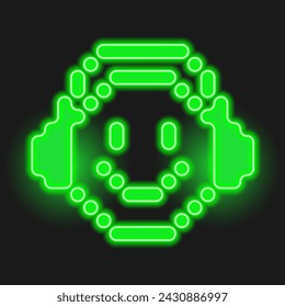 Acid green color retro emoji illustration. Smiling head in headphones flat isolated sign. Simple smile cartoon head. Music lover. Radio, podcast listen. Rave psychedelic style. 90s graphic design.