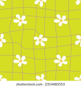 Acid green groovy seamless pattern with white flowers. Retro hippie psychedelic chamomile texture. Melted checkered vector design. Great for textile, fabric, stationery, wallpapers and wrapping