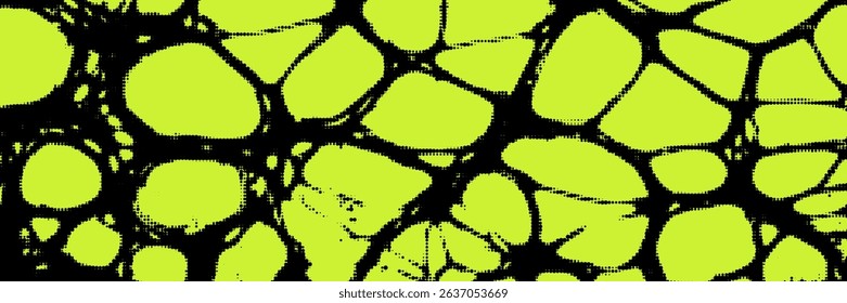 Acid green y2k aesthetic background. Black neo-tribal shape, halftone grunge effect. Vector banner.