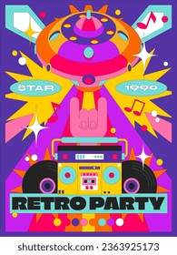 Acid groovy poster retro disco 90s. Bright abstract vinyl elements and vintage disco record players. Geometric design