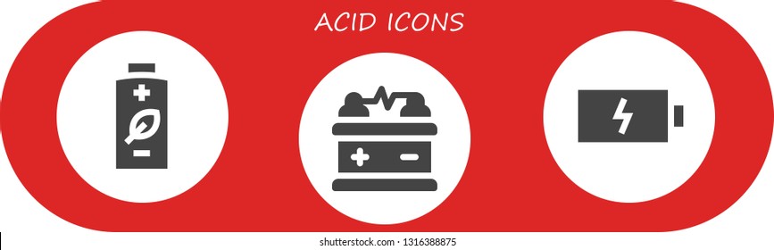 acid icon set. 3 filled acid icons.  Collection Of - Battery
